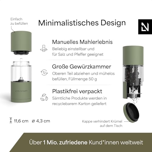 LARS NYSØM Salz und Pfeffermühle Set aus Edelstahl mit einstellbarem Keramikmahlwerk I Pfeffermühle und Salzmühle I Manuelle Gewürzmühlen (2 Stück) (Sage Green)