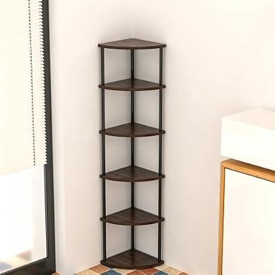 Wooden Corner Shelf, 3 Tiers, Multi-Layer Storage Cabinet, Sideboard, Gap Storage, Rounded Corners, Open Rack, Shelf, Storage Shelf, Bookshelf, Corner Shelf for Living Room(5 Tiers)(D,6)