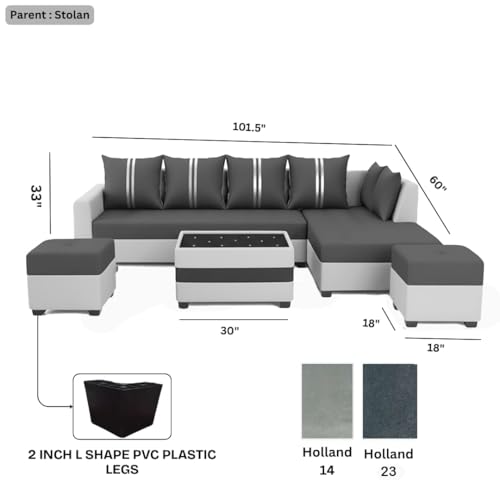 Image of FURNY Stylio 8 Seater Fabric RHS L Shape Sofa Set with 1 Centre Table & 2 Ottoman (Dark Grey-Light Grey) | Premium Velvet Finish | Durable & Comfortable Ideal for Living Room