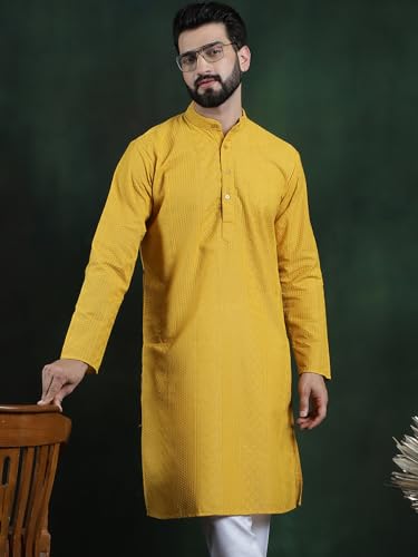 Image of SOJANYA (Since 1958 Men's Pure Cotton Checked Embroidered Long Kurta | Traditional for Diwali Celebrations