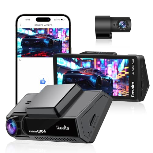 Dasaita 4K Dash Cam Front and Rear, 2160P/1080P Full HD Dash Camera for Cars, with 128GB SD Card, Built-in Wi-Fi GPS, UHD 2160P Night Vision, 170°Wide Angle, WDR, 24H Parking Mode, G-Sensor