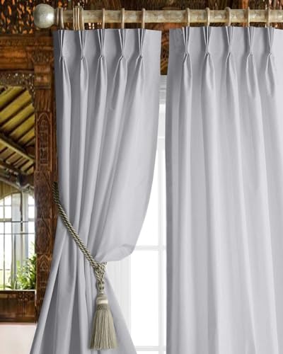 Image of Triple Pinch Pleated Blackout Curtains Thermal Insulated Room Darkening Curtains for Bedroom /Livingroom Pack of 2 Panels, Tiebacks, Hooks (Silver)
