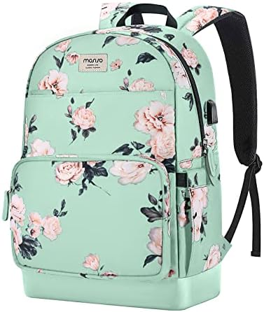 MOSISO 15.6-16 inch Laptop Backpack for Women, Polyester Anti-Theft Stylish Casual Daypack Bag with Luggage Strap & USB Charging Port, Camellia Travel Backpack, Green
