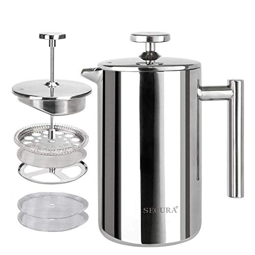 Secura French Press Coffee Maker, 304 Grade Stainless Steel Insulated Coffee Press with 2 Extra Screens, 12oz (0.35 Litre), Silver by Secura - Used condition - US$22.36