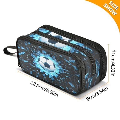 Image of Soccer Ball Blue Lighting Cracked Pencil Case Big Capacity for Girl Boy Football Sports Student Pencil bag Pen Pouch Large Stationery 3 Compartments Zippers Organizer School College Office Teens