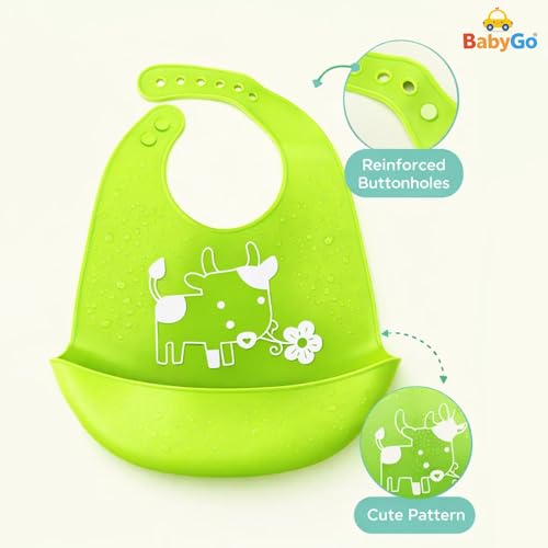 Image of BabyGo Silicone Baby Bib for Feeding & Weaning Infants & Toddlers |Waterproof, Washable & Reusable | Adjustable, Lightweight & Foldable Bib with Food Catcher Pocket |Light Green (Pack of 1)