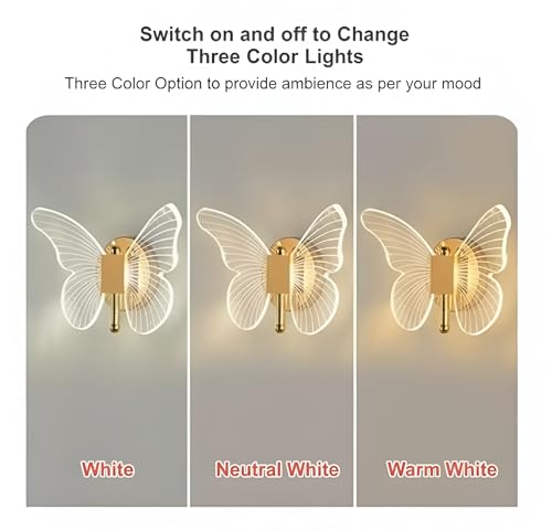 Image of Acrylic Butterfly Shape LED Wall Light for Living Room, Bedroom & Hall | Modern Decorative Lamp with Gold Finish | 3 Light Modes - Warm, Neutral & White | Wall Decor Light (Pack of 1)