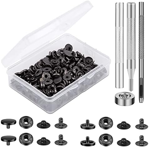 TLKKUE 50 Sets Leather Snap Fasteners Kit 10mm Black Metal Snap Buttons kit Stainless Steel with 4pcs Snap Fastener Installation Tools for Sewing Clothing, Bracelets, Jackets, Bags Belt, DIY Crafts