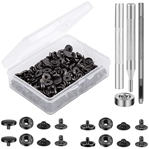 TLKKUE 50 Sets Leather Snap Fasteners Kit 10mm Black Metal Snap Buttons kit Stainless Steel with 4pcs Snap Fastener Installation Tools for Sewing Clothing, Bracelets, Jackets, Bags Belt, DIY Crafts Cover