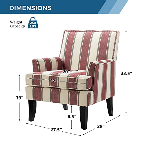 HULALA HOME Modern Accent Chair with Arms and Wooden Legs Striped Accent Chair Armchair High Back Rest Padded Armrest and Comfortable Cushioned Seat for Living Room Stripe Red