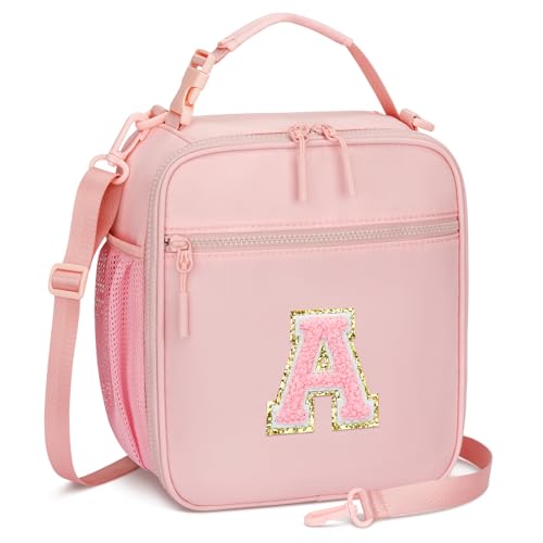 CLOUDWINGS Initial Insulated Lunch Bag for Girls Kids, Back to School Gift, Reusable Leak-proof Lunch Box with Adjustable Strap for School Daycare Travel Picnic (Pink,A)