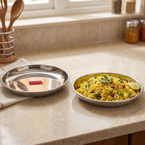 Image of HAZEL Stainless Steel Snack Plates with Mirror Finish | Quarter Plates Set for Kitchen | Glossy Finish Thali (17 CM, Set of 2)