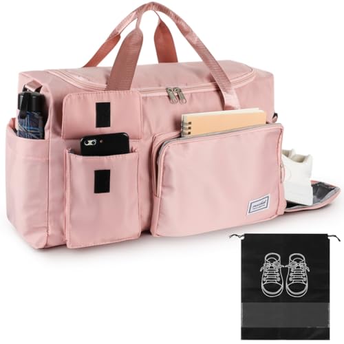 Weekend Nylon Bag For Women With Trolley Sleeve, Waterproof Gym Bag With Shoe Compartment, Overnight Dry-Wet Separated Travel Duffel Bag, pink