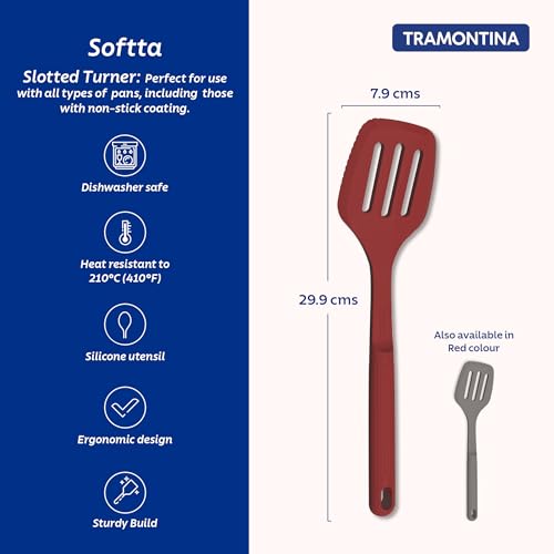 Image of Tramontina Softta Slotted Spatula - Red Silicone Turner for Cooking, Frying & Flipping - Heat Resistant up to 210C, Safe for Nonstick & Ceramic Cookware