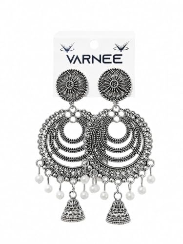 Image of Varnee Oxidised Silver Chandbali Earrings with Jhumki & Pearls | Antique Finish, Pearl Drops, Jhumki Pendant, Ethnic Design, Stud Back