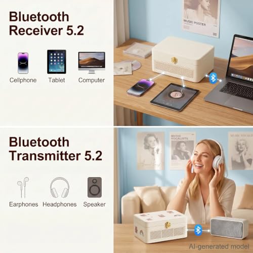 Image of Gueray CD Player Portable Bluetooth: Retro CD Players with Speakers Vintage CD-Player 3600mAh Rechargeable & Radio & Remote Control Support USB /AUX Playback Headphone Jack (White)