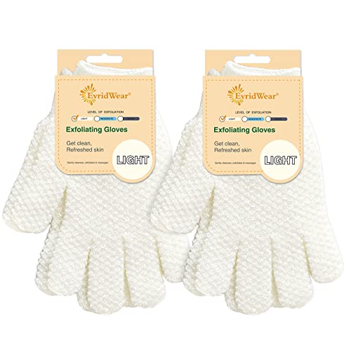 Evridwear Exfoliating Dual Texture Bath Gloves for Shower, Spa, Massage and Body Scrubs, Dead Skin Cell Remover, Gloves with Hanging Loop (2 Pairs Light)