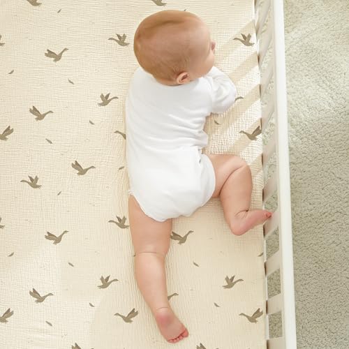 Image of Bearmoss Muslin Crib Sheets - 100% Cotton Baby Crib Sheets Fitted for Standard Crib Mattress & Toddler Bed Mattress 52 inchx28 inch Soft Breathable Crib Sheet Neutral for Boys Girls - 2 Pack (Goose White)