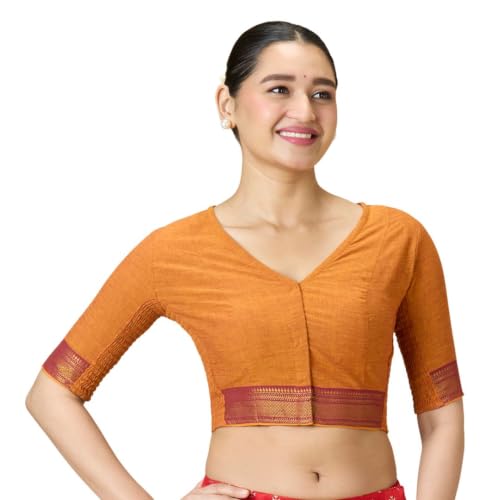 Image of Studio Shringaar Women's Handloom Cotton Stretchable (Smocked) Saree Blouse with Temple Zari Border
