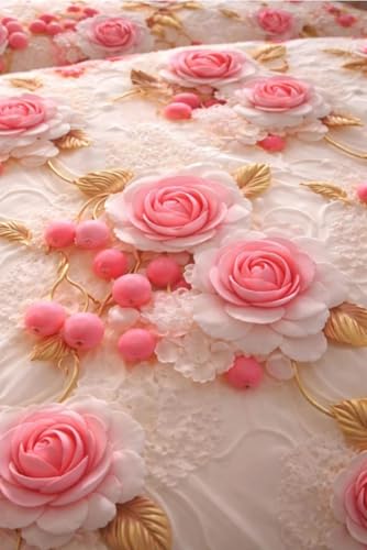 Image of King Size Bedsheet, Polycotton, 7D Floral Rose Print, Pink White and Gold, 3 Piece Set (Pink, White, and Gold 3D Rose Print)
