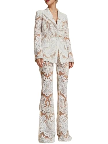 platlogy Women's Designer Runway Fashion Suit Set Single Button Guipure Lace Blazer Pencil Pants Suit 2pcs for Party Wedding White