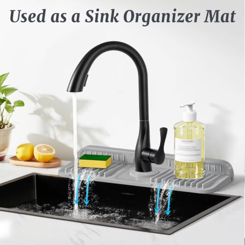 Image of PoYang 14.6 inch Faucet Mat for Kitchen Sink Splash Guard, 7 Slope Silicone Sink Water Splash Guard for Kitchen Sink Area with Snap, Long Sink Protectors for kitchen Sink Sponge Holder, Light Grey