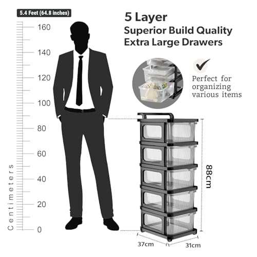 Image of TEKCOOL Plastic Drawer Organizer Self Standard Rectangular Multi Purpose Modular Drawer System Large Chest of Drawer Organizer for Home Office,Product Dimension When assembeled(5xl, Transparent hex);'