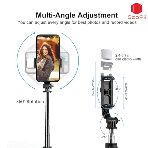 Image of SooPii Selfie Stick Tripod with Fill Light, 7.5-28inch Phone Tripod Stand with Wireless Remote, 3 in 1 Multifunctional Extendable Selfie Stand, Gimbal Mobile Stick Perfect for Selfies /Live Streaming