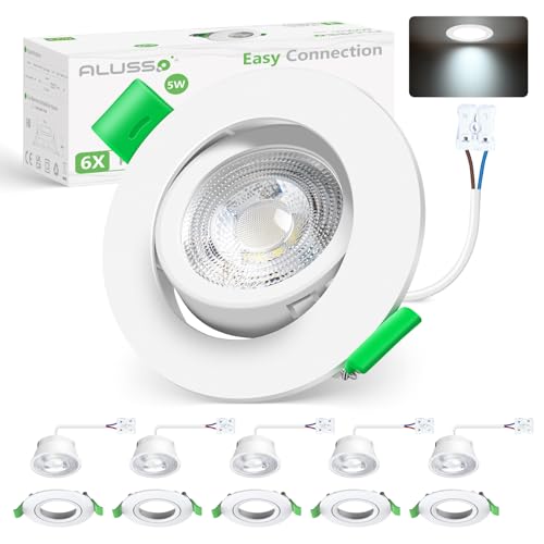 ALUSSO LIGHTING Downlights for Ceiling Ultra Slim 5W, Swivel LED Recessed Ceiling Lights, Cool White 6000K Downlights Non-Dimmable, IP44 Round Bathroom Spotlights for Kitchen Living Room, 6 Pack