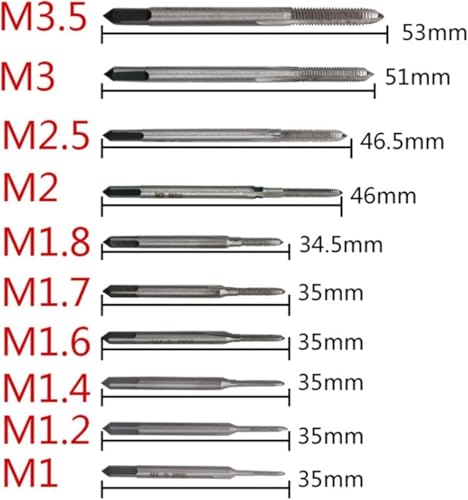 10 Stück Metrischer Gewindebohrer Set Mini Maschinen Gewindebohrer M1/M1.2/M1.4/M1.6/M1.7/M1.8/M2/M2.5/M3/M3.5 Handgewindebohrer für Uhren