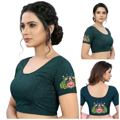 PAARTH ENTREPRISE Women Cotton Blend Round Neck Short Sleeve Readymade Saree Blouse-picture-25