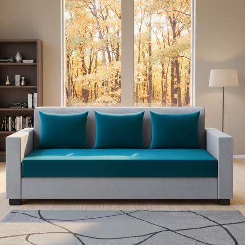 Image of Furny Lexman 3 Seater Fabric Sofa Set (Aqua Blue-Light Grey) | Soft Velvet Fabric | Modern Design | Comfortable Seating | Living Room Furniture