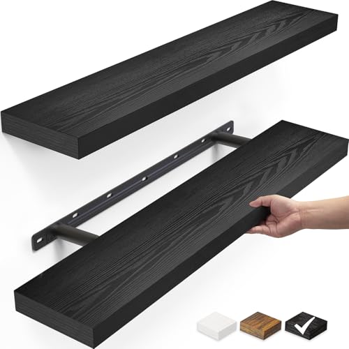 BAYKA Floating Shelves for Wall, 22.5' Wall Mounted Rustic Wood Shelves for Bathroom, Bedroom, Living Room, Kitchen, Office, Hanging Shelf for Books/Storage/Room Decor Capacity (Black, Set of 2)