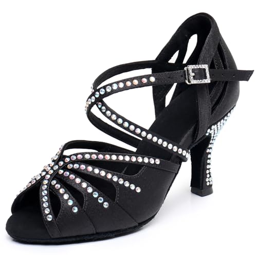 Ballroom Dance Shoes for Women – Salsa Latin Dancing Shoes, Professional 3 Inch Ladies Satin Rhinestone Dance Heels, 3＂Mid Heel Suede Sole Black Size 7.5