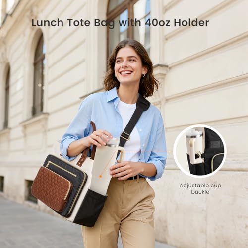 Image of LOVEVOOK Lunch Tote Bag for Women, 3 in 1 Work Bag with Insulated Lunch Compartment & 40oz Large Cup Holder & Multi-Pockets, 15.6 inch Laptop Bag for Office /Daily /Travel, Gifts for Teacher Nurse Mom