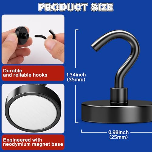 Image of 6 Pack Strong Magnetic Hooks, 65lbs Magnet Hooks Heavy Duty | Black Magnetic Hooks for Cruise Cabins, Magnet with Hooks, Metal Magnetic Hook for Hanging, Refrigerator, Garage, Outdoor