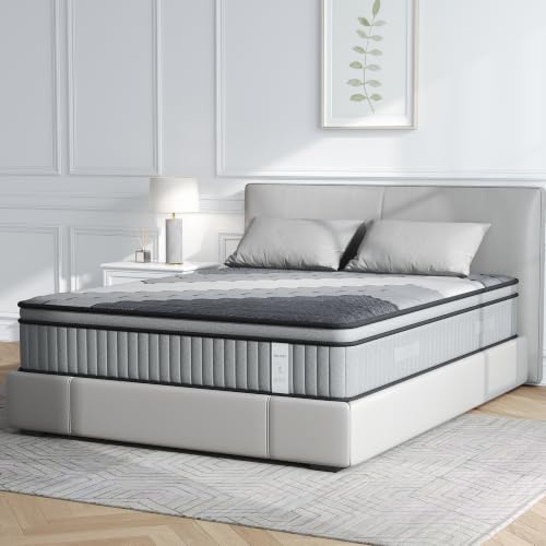 Image of 10 Inch Queen Hybrid Mattress with Gel Memory Foam & Pocket Springs | Mattress in a Box for Pressure Relief & Cool Sleep, Edge Support & Motion Isolation, CertiPUR-US Certified, Gray-White Stripe