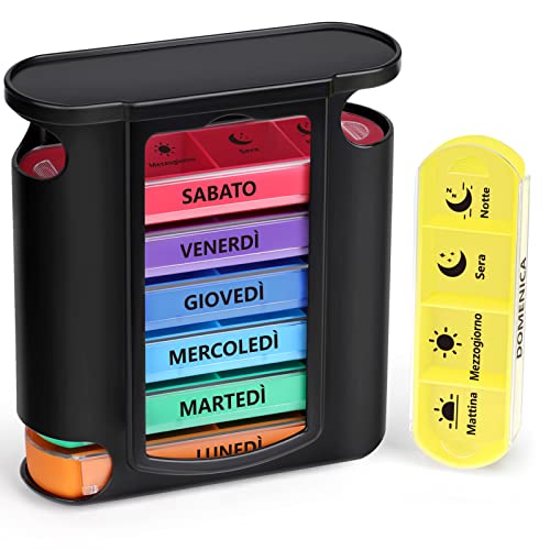 Opret Portapillole Settimanale ITALIANO, Portapillole Giornaliero Grande, Porta Pillole Settimanale a 28 Scomparti, Organizer per Pillole da Viaggio