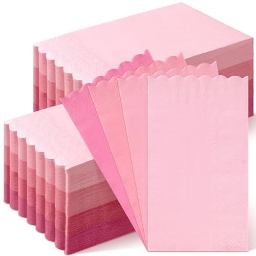 Cholemy 200 Pcs Scalloped Guest Napkins Pastel Colors Cocktail Napkin Disposable Hand Towels for Bathroom Guests Towel 2 Ply Paper Napkin for Baby Shower Bathroom Wedding Birthday Bridal (Pink)
