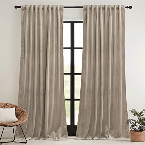Image of RYB HOME Camel Beige Velvet Curtains 84 inch, Room Darkening Window Curtains with Multiple Hanging Options Heavy Duty Plush Backdrop for Bedroom Guest Room, W52 x L84 inch, 2 Panels | Thermal Insulated, Room Darkening, Super Soft Velvet, Drapes with Pleat Tape, Dining Room Home Theater, W52 x L84, 2 Panels