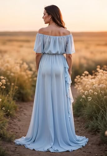 Verngo Chiffon Maternity Dress for Photoshoot Off Shoulder Half Sleeve Ruffle Slit Baby Shower Bridal Pregnancy Gown3