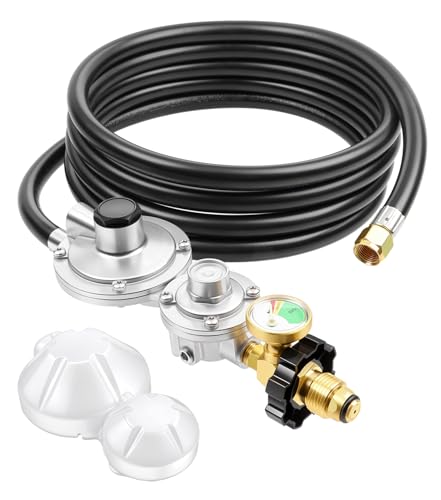 DPB Two Stage Propane Regulator with 12ft Hose and Gauge Standard POL Tank Connection 3/8 Female Flare Fitting for RV Generators Camp Stoves Gas Grills Heaters (12Ft Rubbe)