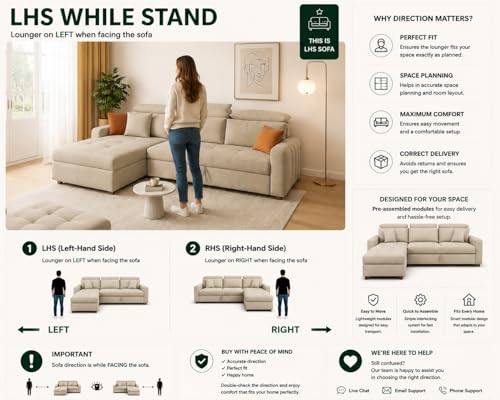 Image of Casaliving Gagnon LHS 4 Seater L Shape Corner Sofa Cum Bed for Living Room (Pine Fabric) Premium Fabric Sofa