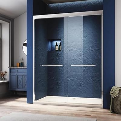 56''-60" W×72" H Nickel Shower Doors Glass Sliding 60 Inches,Semi Frameless Bathroom Sliding Glass Shower Door,Walk in Shower Panel with 1/4" (6mm) Clear SGCC Tempered Glass
