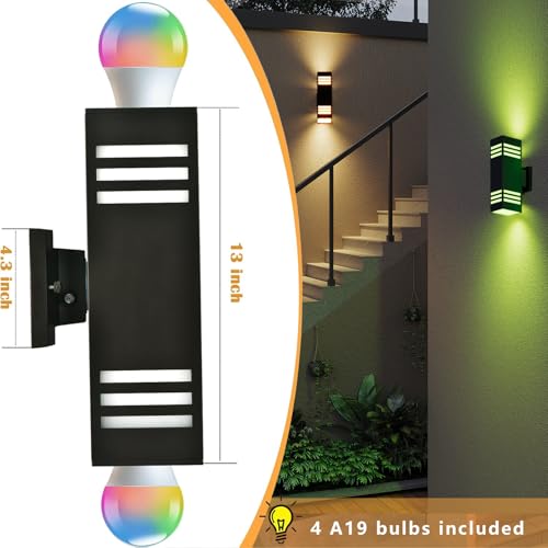 Image of rosykite Smart Outdoor Sconce Lights 2 Pack, Up Down Wall Porch Lights RGB Color Changing WiFi APP Control, Dimmable LED Exterior Wall Lighting Fixtures Work with Alexa,No Hub Required,ETL Listed