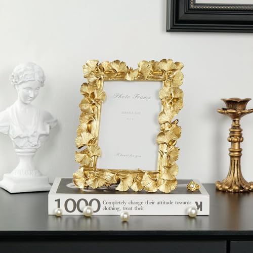 Gold Picture Frames 4x6 Vintage Gold Frame, Ornate Leaf Textured Hand-Crafted Resin with Glass Front Antique Photo Frame for Tabletop Display, Retro Design Home Decor