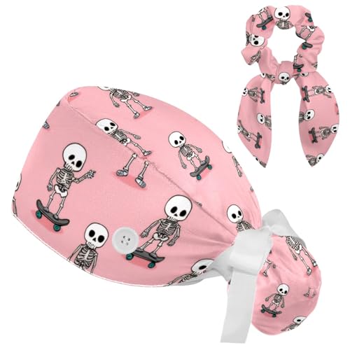 Surgical Cap Bouffant Working Cap for Women, Skeleton Pink Pattern Scrub Caps Nurse Hat with Button Sweatband
