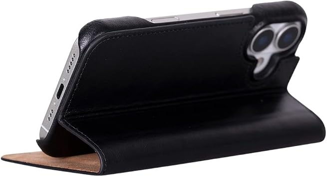 Apple iPhone 17 (6.3) ile Uyumlu Hakiki Deri Cüzdan Kılıf – Kart Bölmeli, Katlanabilir Standlı, Kablosuz Şarj Destekli, 360° Tam Koruma Premium Kılıf (Rustik Siyah)