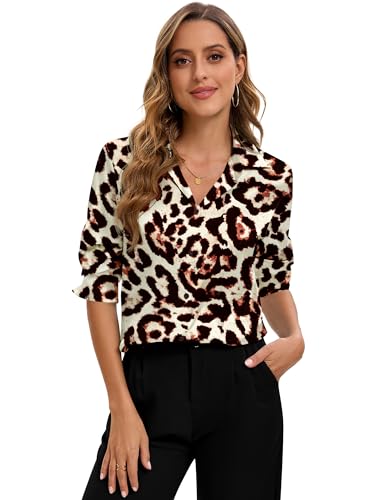 Image of Premium Soft Breathable Stretch Satin Silk Button Down Shirts for Women Long Sleeve Leopard Blouses Work Dress Tops