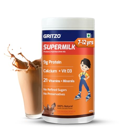 Gritzo SuperMilk Overall Growth (7-12y Boys), 9g Protein Powder (Double Chocolate, 400g) | Zero...
